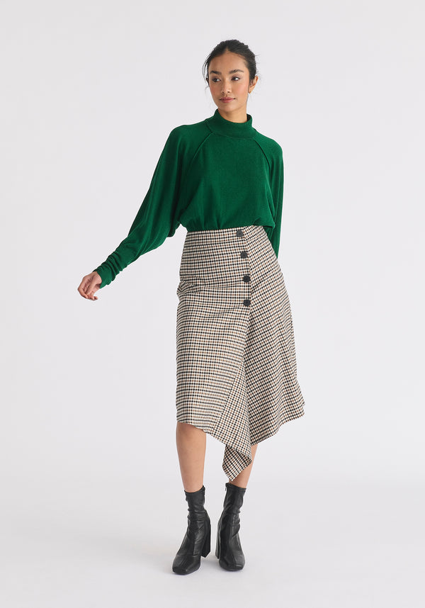 Mock Neck Batwing Jumper with Ruched Cuffs in Green